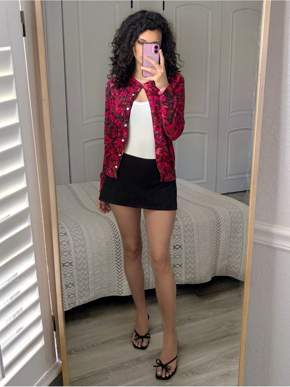 Women's Red Floral Button-Up Cardigan Sweater